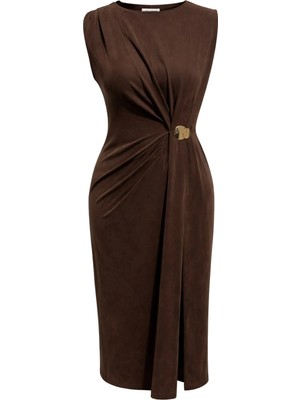 Mixray 2084 Kadın Drapeli Yan Toka Detaylı Yırtmaçlı Modal Elbise Kahve