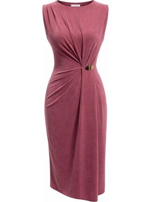 Mixray 2084 Kadın Drapeli Yan Toka Detaylı Yırtmaçlı Modal Elbise Gül Kurusu