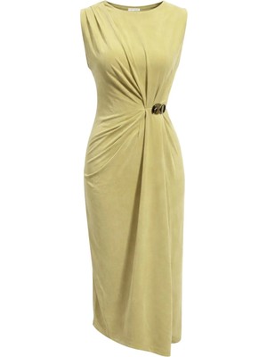 Mixray 2084 Kadın Drapeli Yan Toka Detaylı Yırtmaçlı Modal Elbise Olive