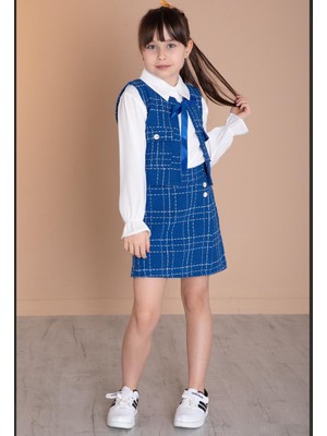 HaanBebe Kız Çocuk Ekoseli Tüvit Yelek - Etek ve Fırfırlı Gömlek Seti - Saks Mavi