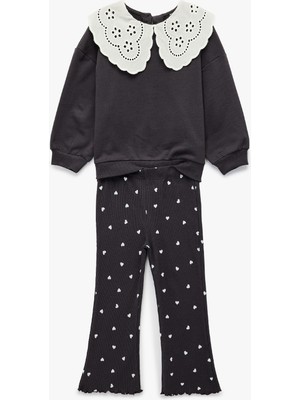Koton Brodeli Bebe Yaka Uzun Kollu Pamuklu 2'li Sweatshirt Pantolon Takım