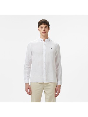 Lacoste Erkek Regular Fit Düğmeli Yaka Keten Beyaz Gömlek