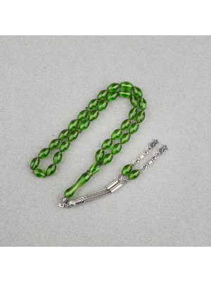 Lapisdo Sıkma Kehribar Beyzi Kesim Alpaka Püsküllü 7X11MM Tesbih Yeşil