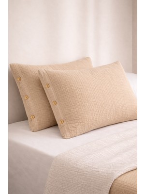 Veronica Line 6 Kat Müslin %100 Pamuk 2'li Düğmeli Yastık Kılıfı Set 50X70 Organik