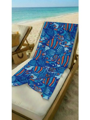 Miami Beach Büyük Balık Desenli Saks Mavi Yüksek Su Emici 70X150CM Plaj Havlusu