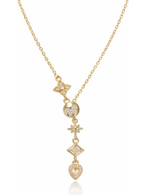 Serelya 316L Çelik Gold Renk Y Zincir Zirkon Taşlı Kadın Kolye