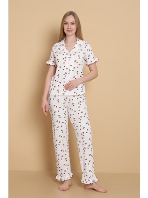Wordex Mirano 3855 Desenli Bürümcük Gömlek Yaka Düğmeli Kısa Kollu Kadın Pijama Takımı