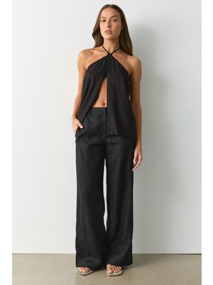 Madmext Siyah Yüksek Bel Keten Wide Leg Pantolon MG2718
