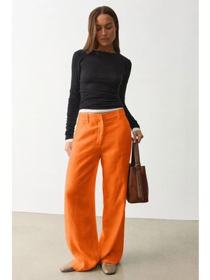 Madmext Turuncu Yüksek Bel Keten Wide Leg Pantolon MG2718