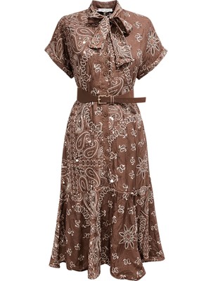 Mixray 4882 Kadın Şal Desen Kemerli Bağlamalı Midi Elbise Kahve