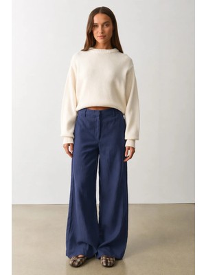Madmext Indigo Yüksek Bel Keten Wide Leg Pantolon MG2718