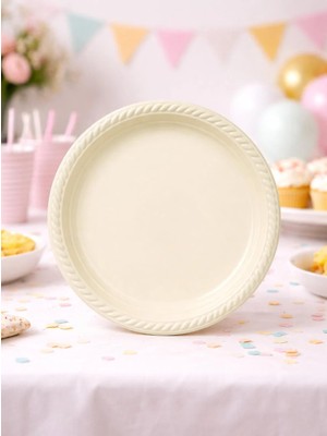 Parti Adresi Plastik Tabak Doğum Günü Parti Tabağı Krem 21 cm 25'li
