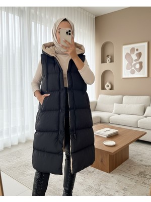 Moda Morfo Kapşonlu Çift Taraflı Şişme Yelek -Siyah