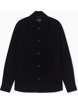 Emporio Armani Erkek Her Yerinde Kartal Desen Uzun Kol Düğme Kapama Siyah Ceket EM004958 AF24360-MC002
