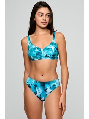 Kom Kadın Turkuaz Desenli Kaplı Telsiz Toparlayıcı Bikini Takımı