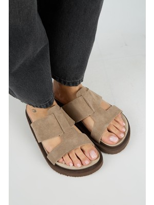 Manijero Sabrina Kadın Hakiki Deri Çift Bantlı Vizon Terlik