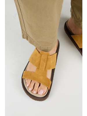 Manijero Sabrina Kadın Hakiki Deri Çift Bantlı Hardal Terlik