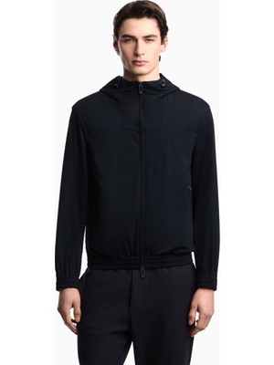 Emporio Armani Erkek Normal Kesim Fermuarlı Lastikli Kapüşonlu Esnek Kumaşlı Lacivert Ceket EM004496 AF23435-UB118