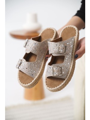 Zerenyus Sedona Premium Süet Gri Taşlı Tokalı Kadın Terlik