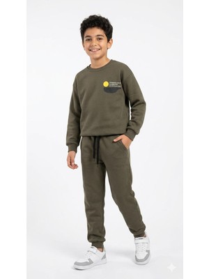 HaanBebe Erkek Çocuk Haki Yeşil Sweatshirt ve Eşofman Altı Takımı - "thinking About Having Fun"