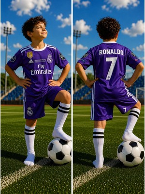 Sidas Real.madrid. Ronaldo 2017/18 Sezon Beyaz Şort Cardif Ligi Mor Çocuk Forma Takımı