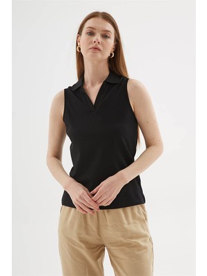 Fashion Friends Polo V Yaka Siyah Kadın Kolsuz T-Shirt 26Y0516K1