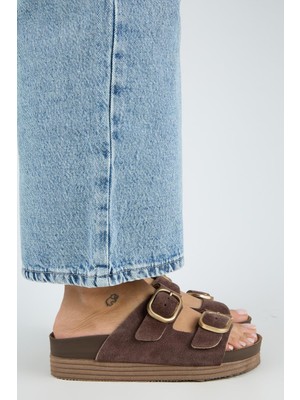 Manijero Alexa Kadın Deri Hakiki Deri Çift Tokalı Platform Kahve Terlik