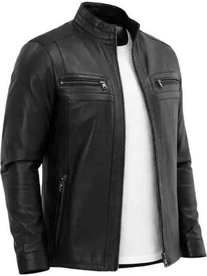 Moda Birbey Erkek Siyah Düz Fermuarlı Deri Ceket  Kuzu Derisi Slim Fit Desenli