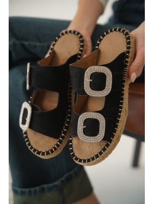 Zerenyus Sedona Premium Süet Siyah Taşlı Tokalı Kadın Terlik