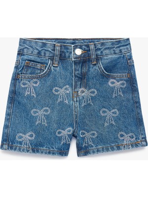 Koton Fiyonk Baskılı Taş Detaylı Pamuklu Denim Şort