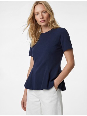 Koton Pamuklu Slim Fit Kısa Kollu Bisiklet Yaka Peplum Basic Tişört