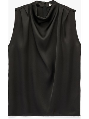 Koton Dik Yaka Kolsuz Drape Detaylı Saten Bluz