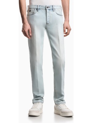 Emporio Armani Erkek Dar Kalıp Mikro Desenli Düşük Bel Denim Mavi Jeans EM000668 AF24871-MB003