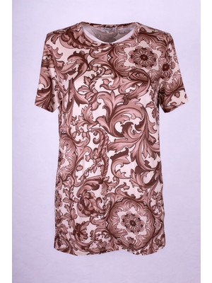 Trender Mozaik Desen Bisiklet Yaka Kahverengi Kadın Bluz 26YDT1000100