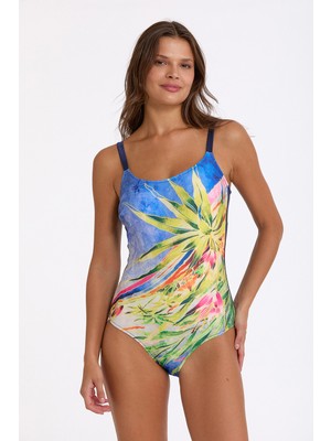 Argento Kadın Lacivert Desenli Sabit Kaplı Yuvarlak Yaka Toparlayıcı Mayo