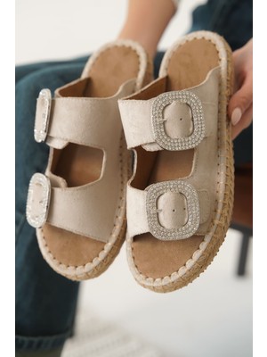 Zerenyus Sedona Premium Süet Bej Taşlı Tokalı Kadın Terlik