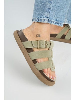 Manijero (Hicks) Kadın Hakiki Deri Tokalı Bantlı Su Yeşili Terlik