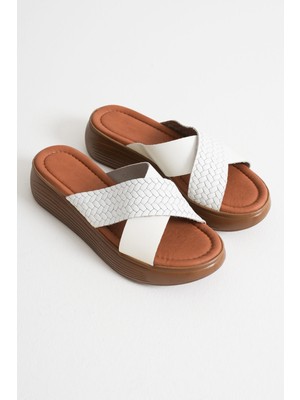 Zerenyus Dallas Premium Günlük Beyaz Örgü Baskılı Hakiki Deri Kadın Terlik