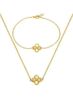 Bilezikci 14 Ayar Altın Yonca Kolye Bileklik Set