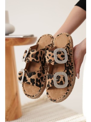 Zerenyus Sedona Premium Süet Leopar Taşlı Tokalı Kadın Terlik