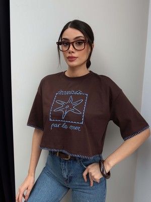 Esra Helvacı Yıldız Nakışlı Crop Tshirt