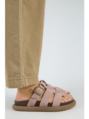 Manijero (Hicks) Kadın Hakiki Deri Tokalı Bantlı Pudra Terlik