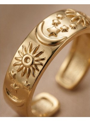 Mervan Takı Güneş Ay Yıldız Desenli Çelik Yüzük – Ayarlanabilir Vintage Gökyüzü Yüzük