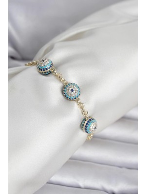 İsmiyle Al Pirinç Gold Renk Nazarlı Model Zirkon Taşlı Kadın Bileklik