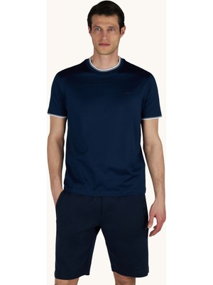 Paul & Shark Erkek Regular Fit Yuvarlak Çizgili Yakalı Metalik Logo Detaylı Kısa Kollu Mavi T-Shirt 26411008SMA-013