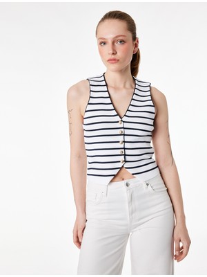 Koton Gold Düğme Detaylı Çizgili Triko Yelek