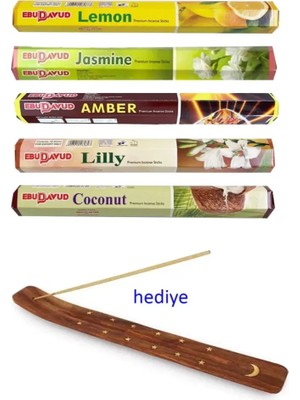 İsmiyle Al 5 Paket 20 Çubuklu Tütsü Lemon - Amber - Lilly- Jasmine - Coconut - Kayık Hediyeli