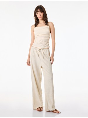 Koton Beli Bağcıklı Düz Paça Brodeli Bürümcük Pantolon