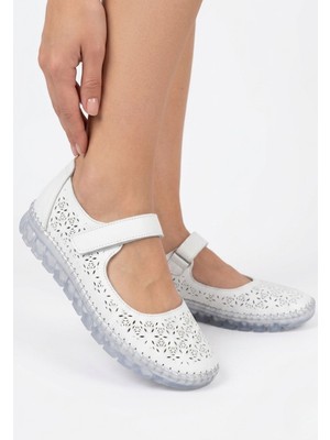 Erbilden Sina Beyaz Deri Cırt Cırtlı Babet Ayakkabı