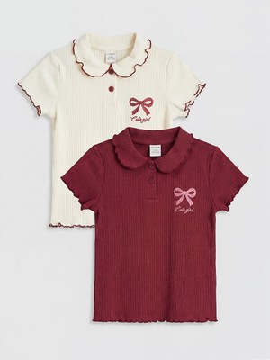 Lcw Bordo Polo Yaka Baskılı Kız Çocuk Fitilli Tişört 2'li